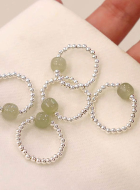 s925纯银松紧弹力绳戒指女中国风小众设计高级感银珠和田玉尾戒子