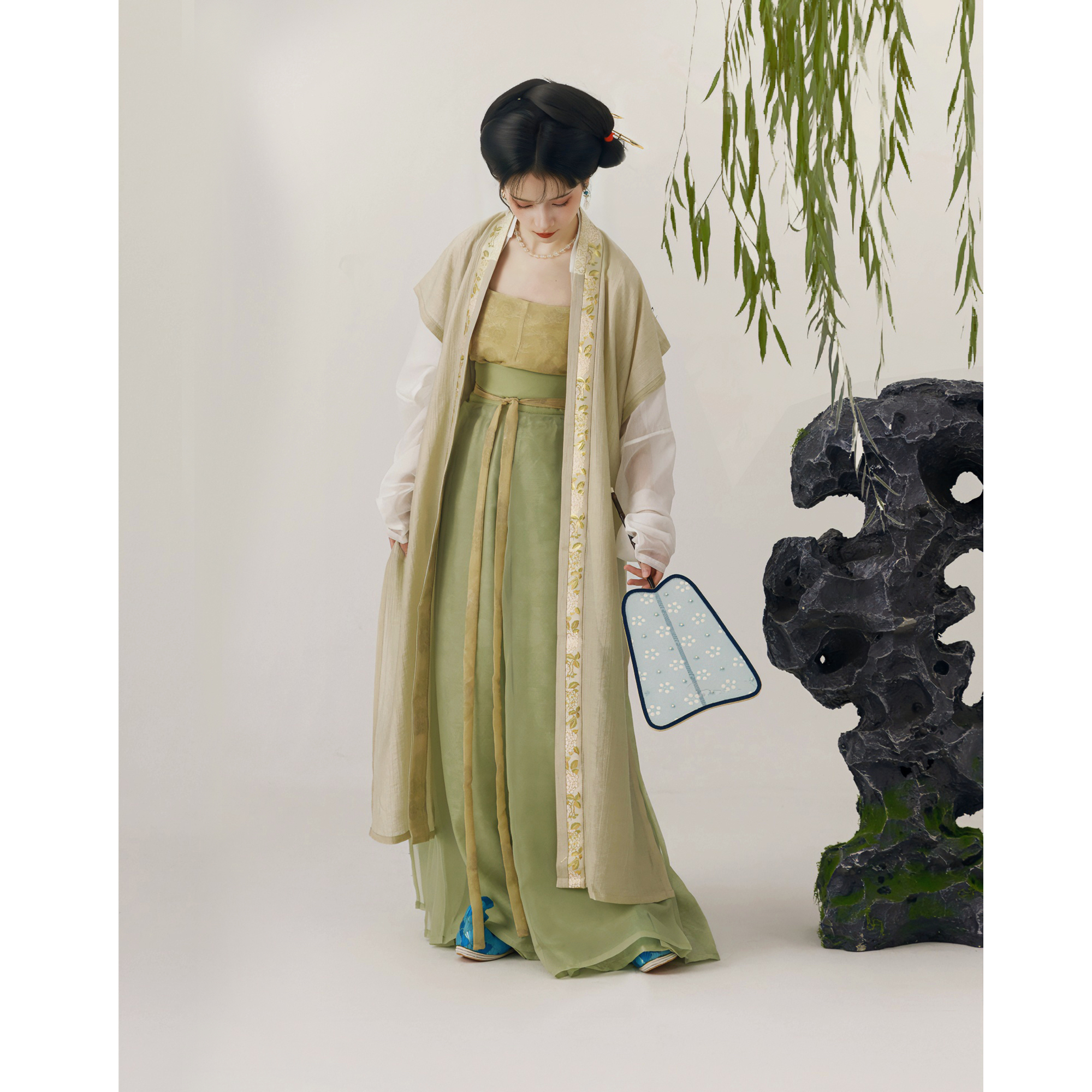 【上遥居】结夏 宋原创汉服女绿色系背心羊腿袖白色天丝改良宋裤