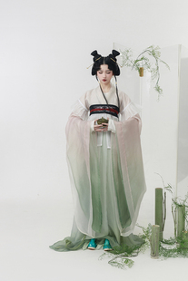 南北朝原创汉服女粉绿渐变大袖 青音 襦白色半臂绿色裙 上遥居