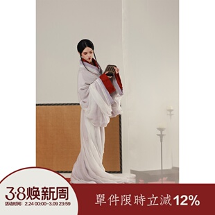 【上遥居】楚腰 战国直裾袍 复原 原创汉服女白色红色印花拖尾款