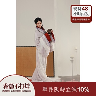 【上遥居】楚腰 战国直裾袍 复原 原创汉服女白色红色印花拖尾款