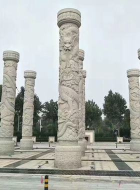 祠堂盘龙石雕汉白玉龙柱石柱青石广场寺庙祠堂浮雕双龙柱雕刻摆件