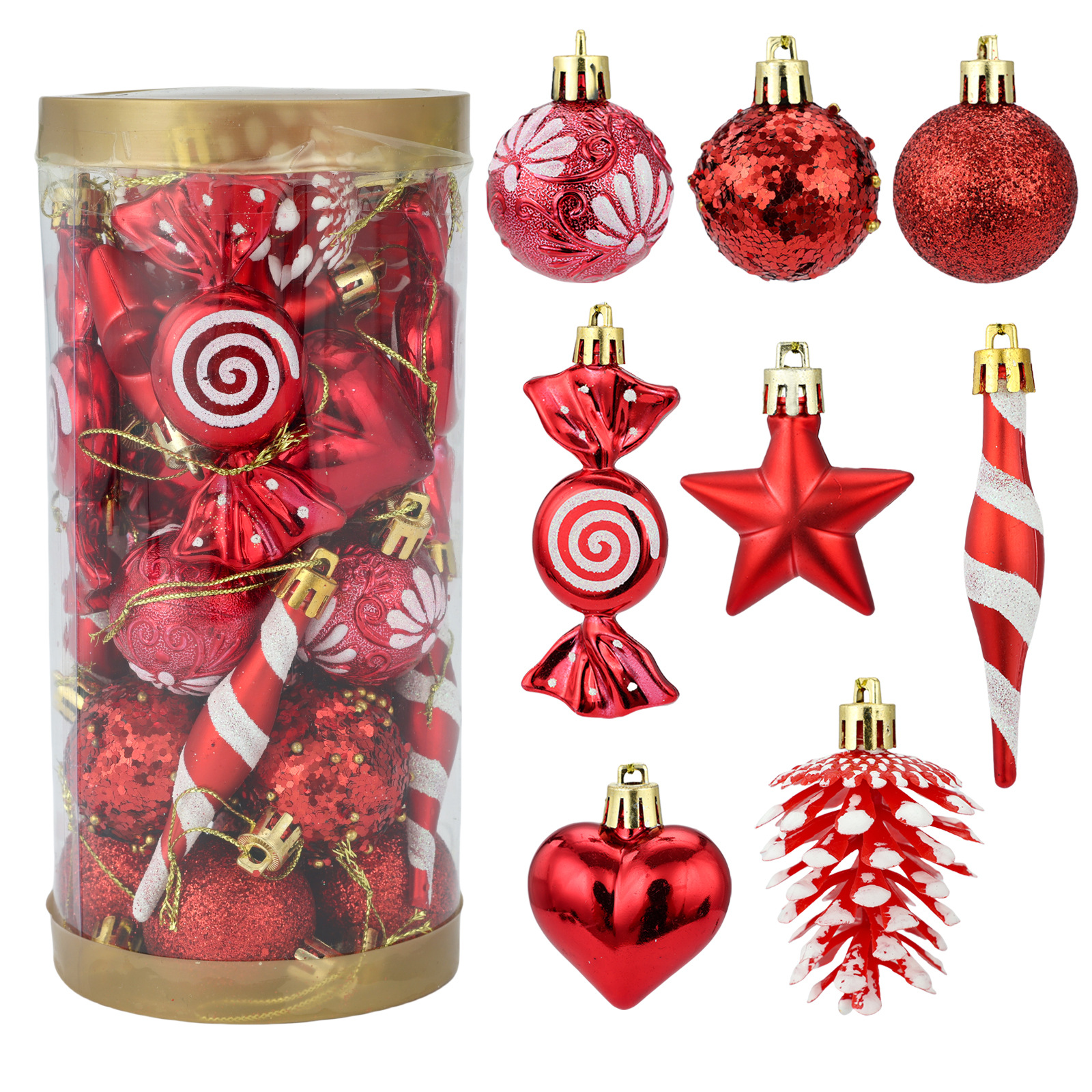 跨境龙虎4cm31件套圣诞树挂件礼盒筒套装五角星糖果亮片节日装饰