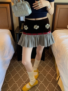 原版品质 周美美  巴黎情书复古果酱丝绒拼接装饰花朵褶皱半身裙