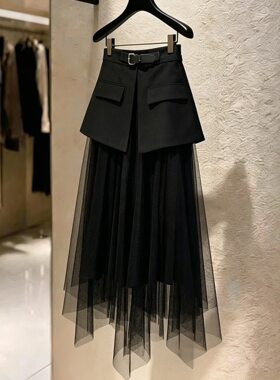 2026夏季新款女高级感黑色高腰显瘦不规则网纱拼接职业OL半身裙子