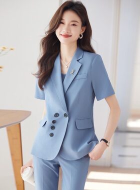 夏季通勤薄款休闲短袖小西装外套女中长款设计感职业OL装气质正装