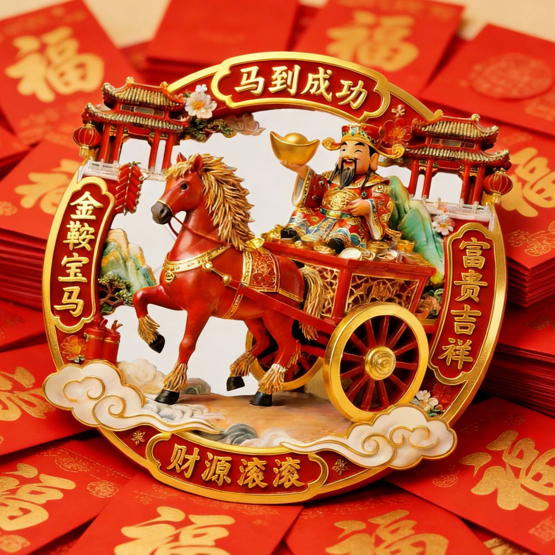 2026马年立体3D金属浮雕磁吸冰箱贴马到成功过年财神福气纪念品