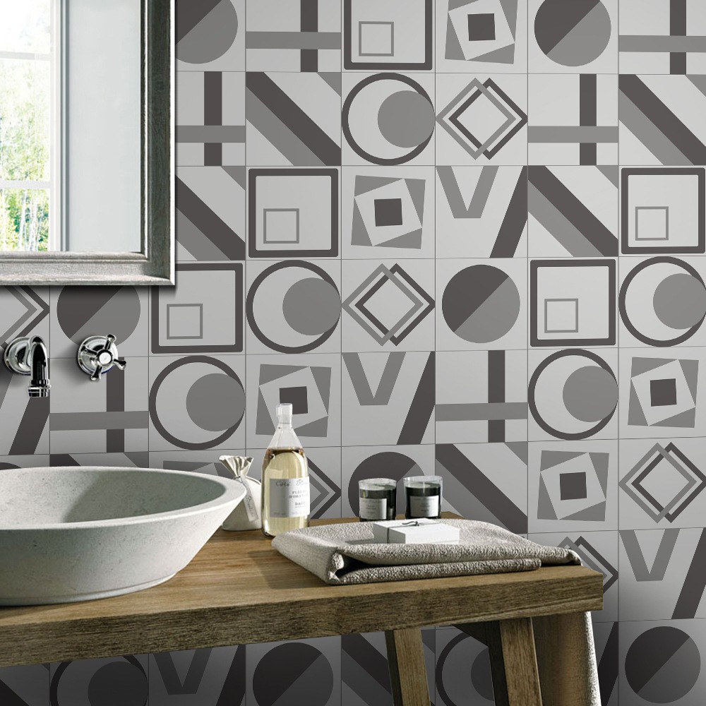 几何线条黑白仿瓷砖贴楼梯阳台浴室橱柜拼接遮丑装饰画防水墙贴纸图片