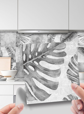 灰色复古绿植龟背竹棕榈叶瓷砖贴纸楼梯贴厨房浴室阳台墙贴画装饰