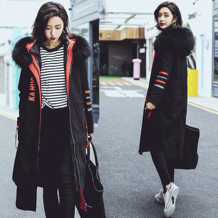 2017冬新款派克服羽绒服女中长款大毛领收腰显瘦外套羽绒内胆可拆