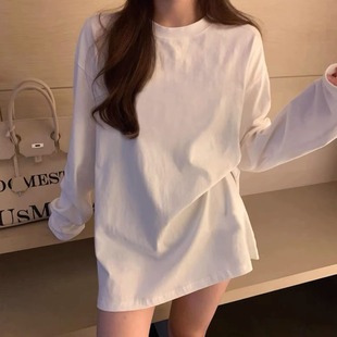 上衣 简约百搭白色套头内搭长袖 T恤女秋季 休闲宽松修身 显瘦打底衫