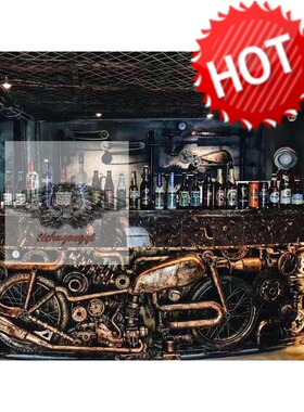 复古工业风机械怀旧酒吧吧台装饰铁艺管道背景墙面咖啡馆前台