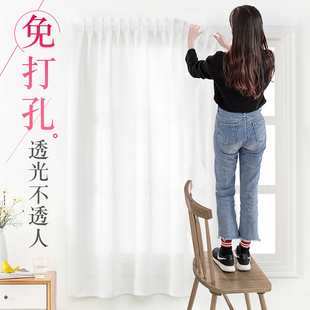 魔术贴安装 纱帘透光不透人阳台纱飘窗窗纱窗帘免打孔伸缩杆一整套