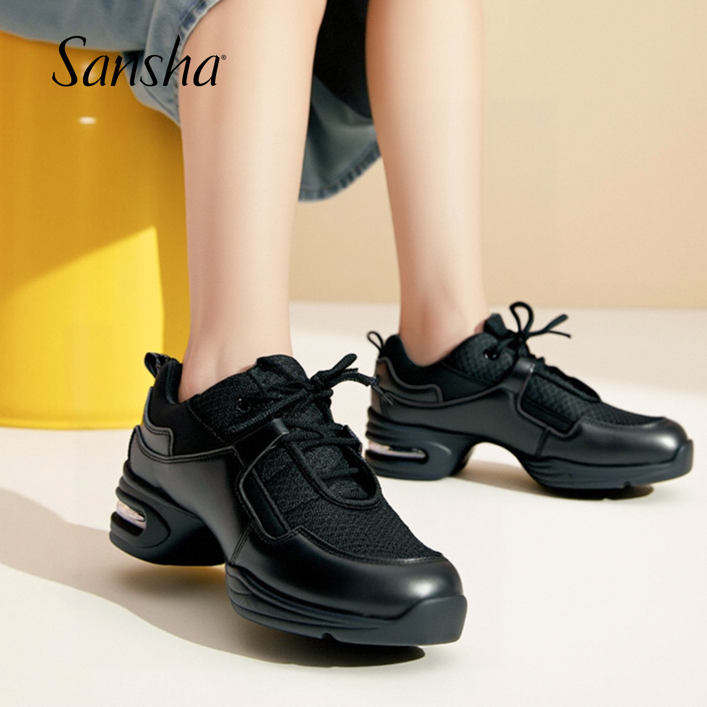 sansha 三沙现代舞鞋女 软底广场舞跳舞鞋网面牛皮四季运动舞蹈鞋