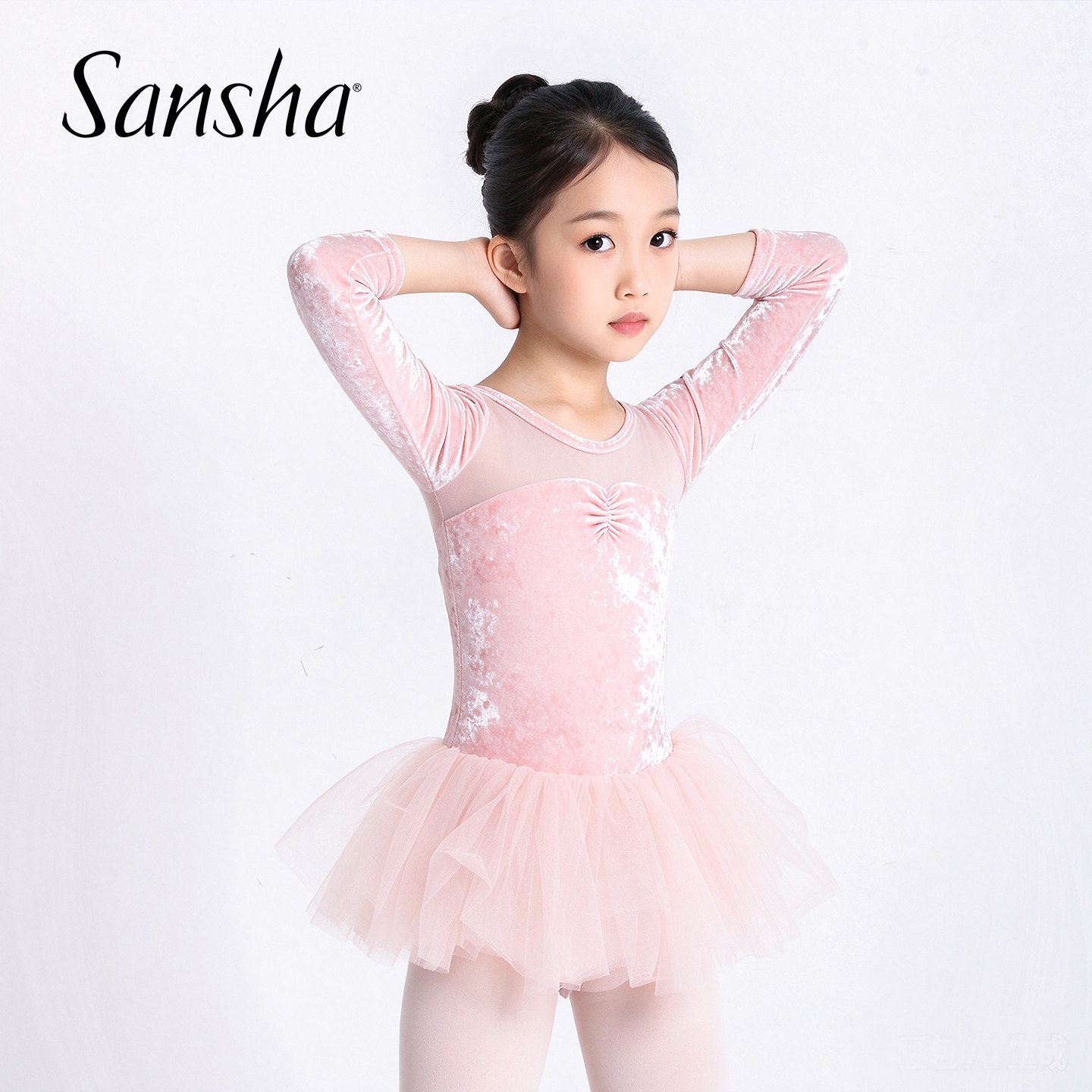 Sansha三沙儿童舞蹈裙钻石绒七分袖连体服芭蕾舞练功服表演蓬蓬裙