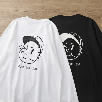 重磅265g高密新疆棉原创自信男孩印花三本针宽松落肩长袖T恤男