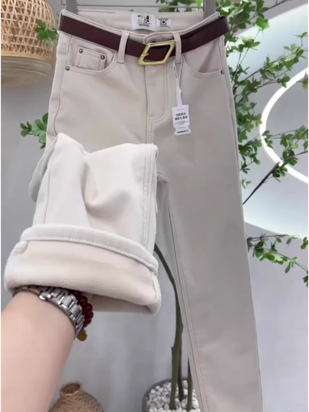 米白色春秋款窄版直筒牛仔裤女大码新款高腰宽松显瘦小个子烟管裤