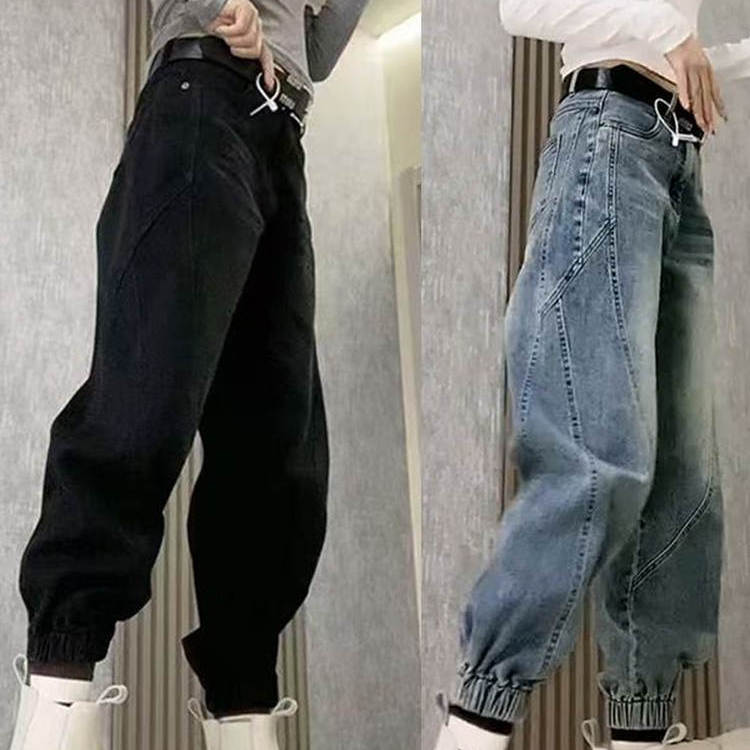 秋冬新款复古弹力束脚老爹牛仔裤女梨形高腰显瘦哈伦裤大码九分裤