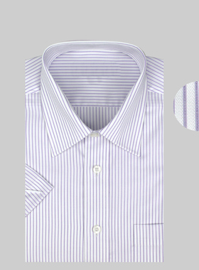 夏纯棉中年免烫男商务休闲半袖衬衫 紫色条纹男短袖衬衫正品衬衣