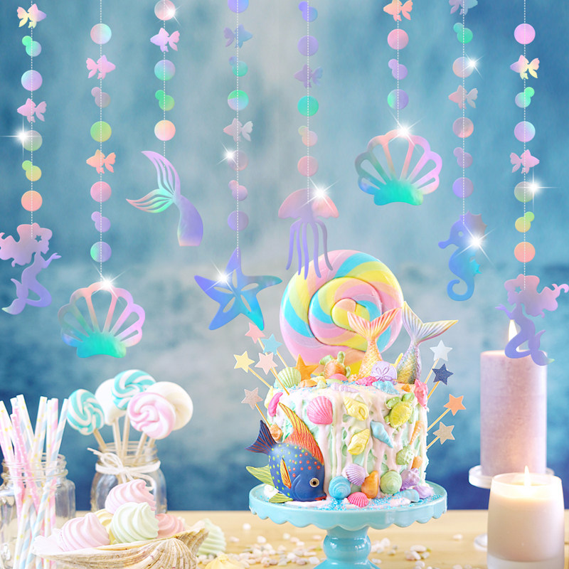 餐厅酒吧夏季海洋主题装饰布置海星贝壳水母美人鱼拉花天花板挂饰