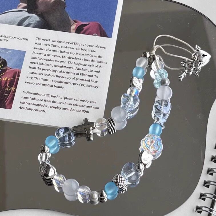 灰蓝色ccd相机链条手机壳挂绳配饰拍立得防丢手绳珠子锁头钥匙扣