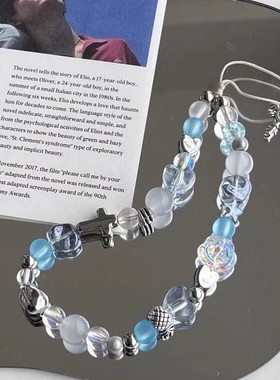 灰蓝色ccd相机链条手机壳挂绳配饰拍立得防丢手绳珠子锁头钥匙扣