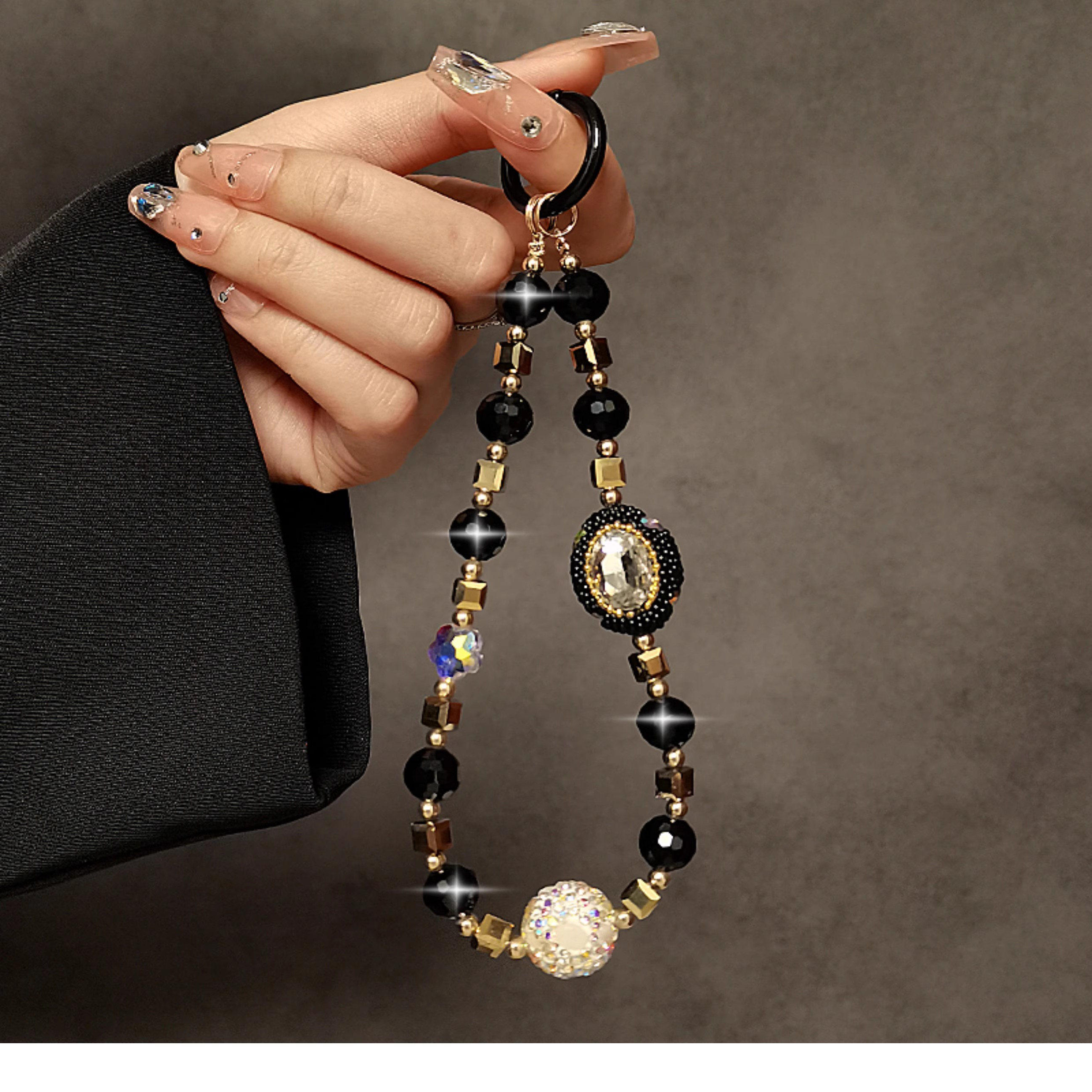 奢华高级感水钻宝石手提链手腕短挂绳带夹片手机壳钥匙扣包包挂件