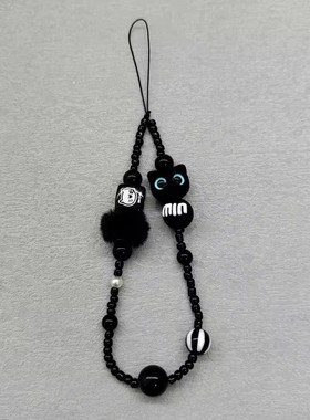 怪兽猫咪手机黑色挂绳短款ccd手腕相机链条串珠挂件手机链通用