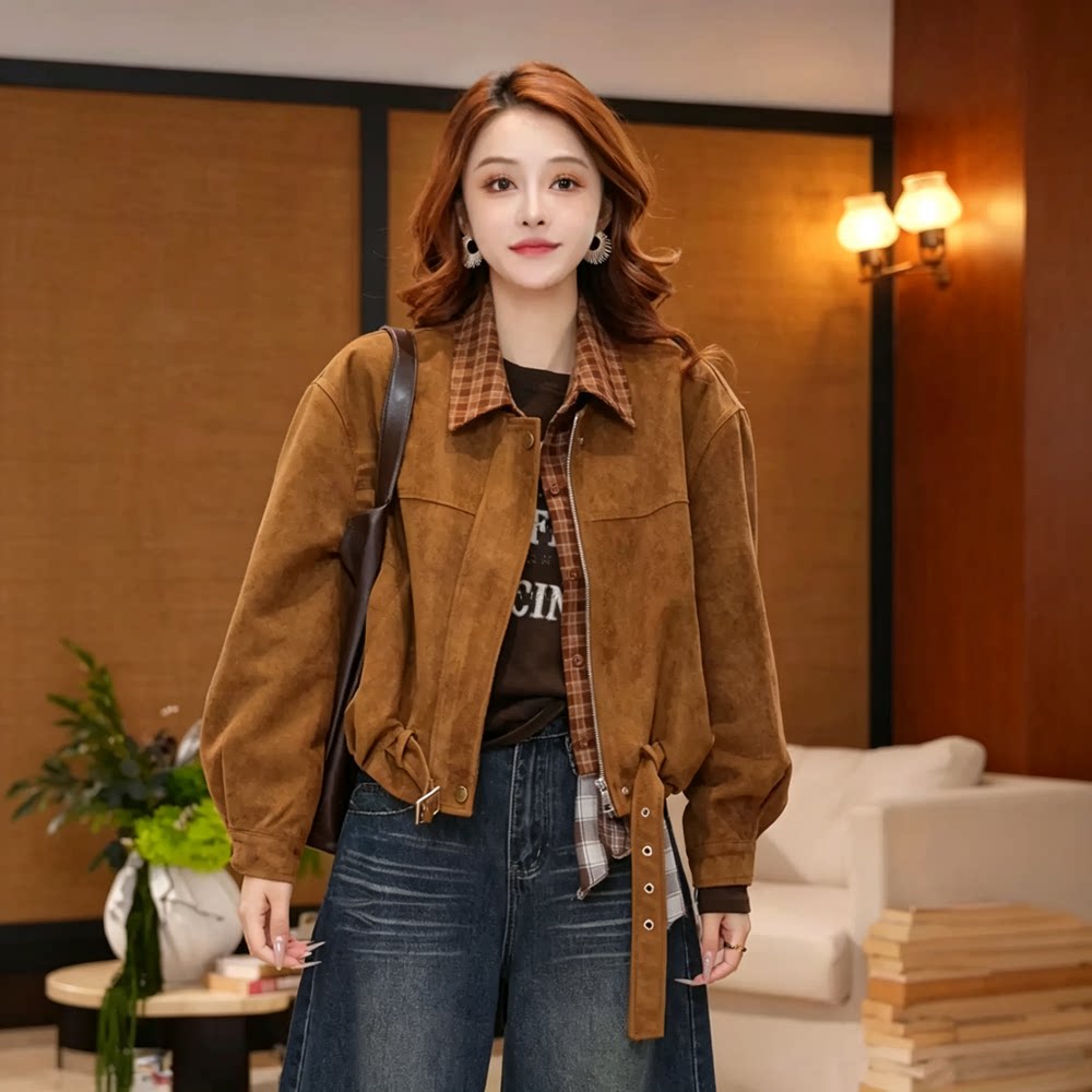 秋季复古翻领假两件格子夹克女