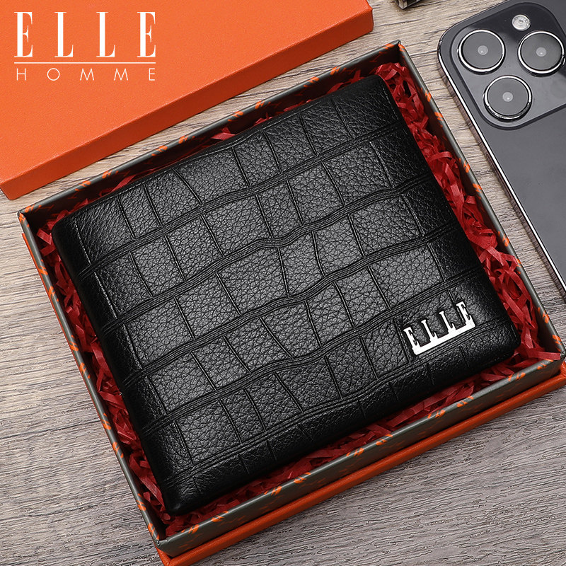 ELLE HOMME新款鹿皮钱包男士短款薄款真皮钱夹年轻人品牌时尚票夹