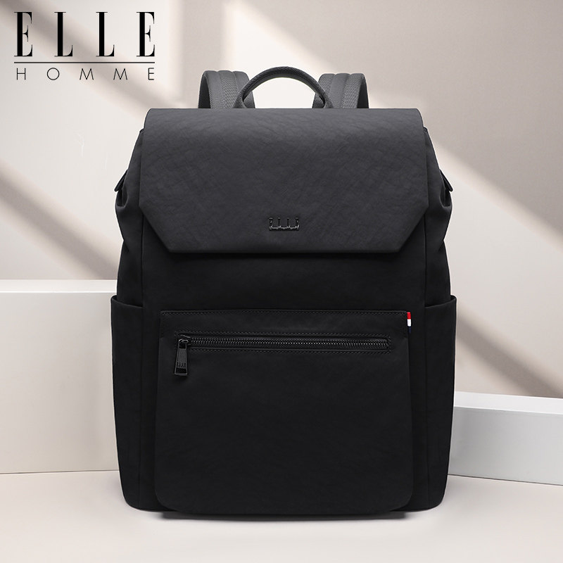 ELLE HOMME时尚双肩包男士商务户外旅游翻盖背包大容量电脑包书包