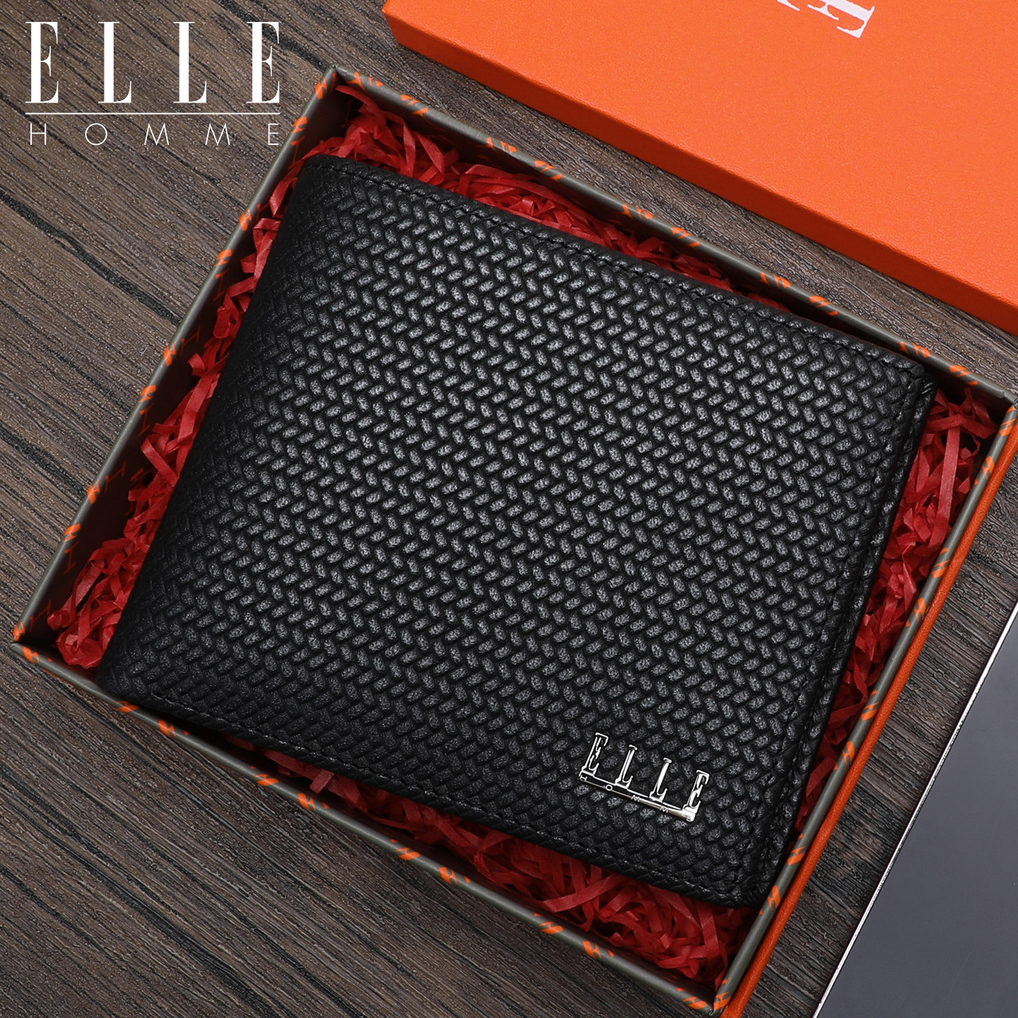 ELLE HOMME真皮钱包男款头层牛皮钱夹2025新款大容量编织纹票夹