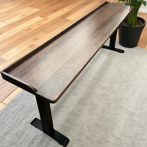 小户型超窄黑胡桃木实木电动升降桌可移动跨床长条吧台飘窗床边桌