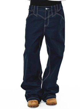 EK春夏恶魔之眼蓝色珠帆布结构剪裁宽松100%棉直筒休闲长裤