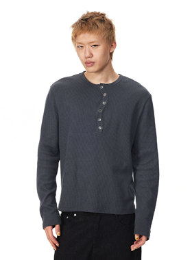 EK EVILKNIGHT早春纯色基础扭曲领口亨利领华夫格套头长袖chicT恤