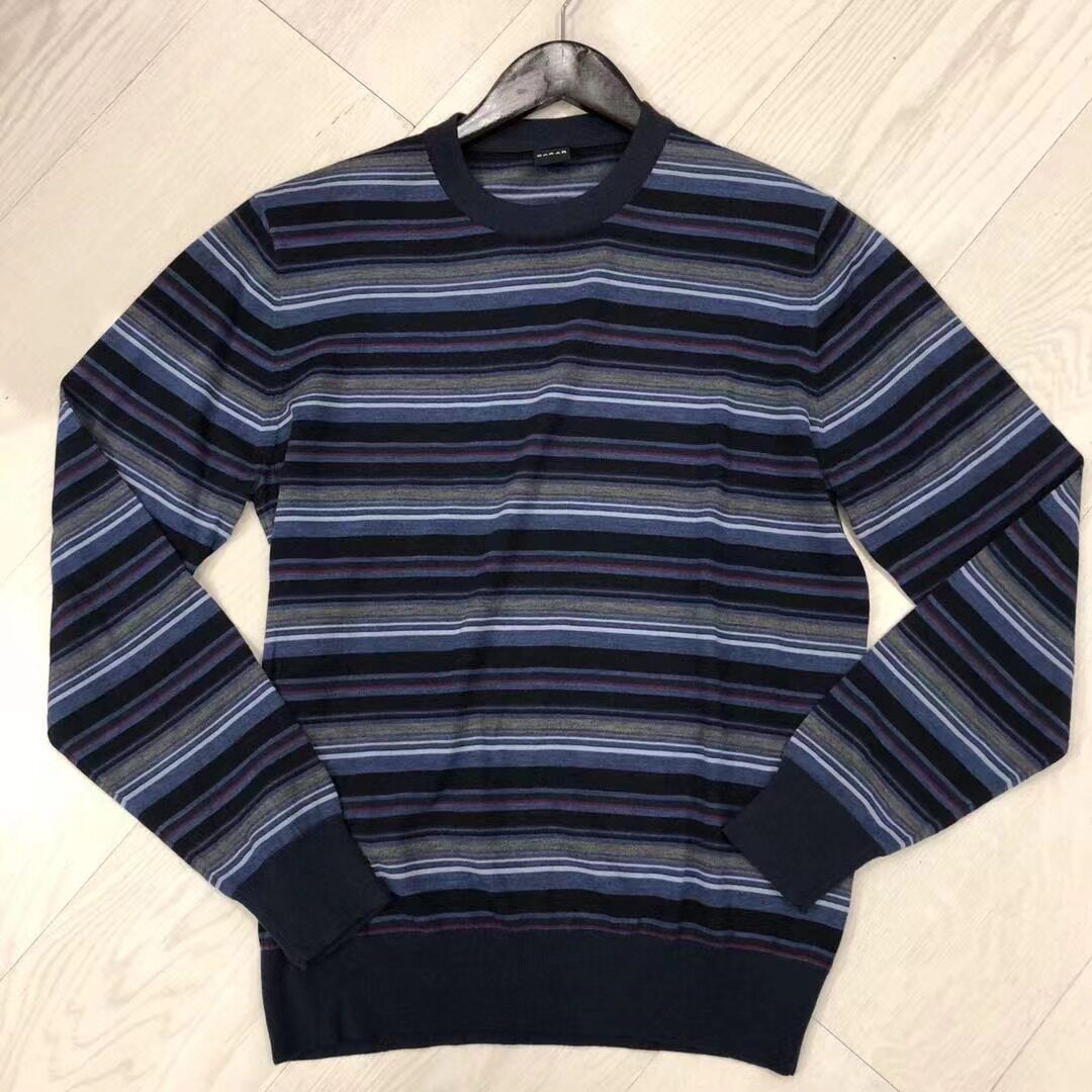 SARAR男士春季薄款100%纯羊毛复古条纹圆领套头内搭针织衫毛衣