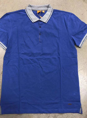 S码Hugo Boss男士夏100%纯棉拼色翻领蓝色上班商务polo衫t恤短袖