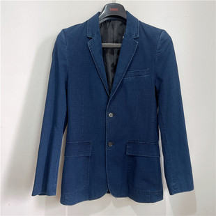 XS码DKNY唐可娜儿男士小众款暗纹休闲牛仔蓝修身款单西装西服外套