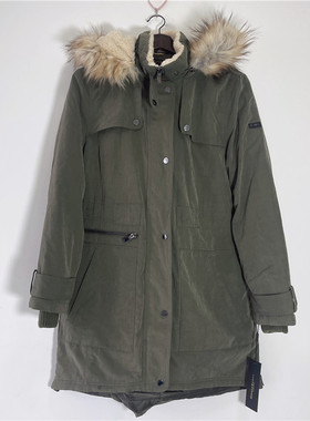 L码DKNY/唐可娜儿女款冬季军绿色毛领收腰中长款韩版棉服棉衣