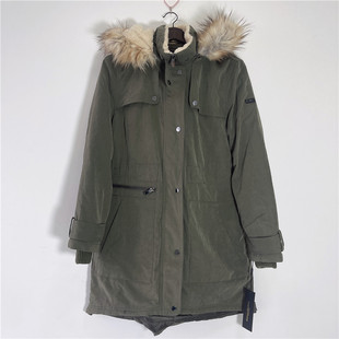 L码DKNY/唐可娜儿女款冬季军绿色毛领收腰中长款韩版棉服棉衣