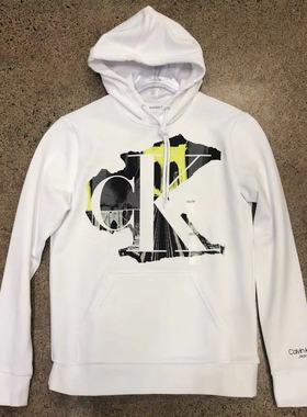 正品Calvin Klein/CK男士秋黑白色印花高端套头休闲做旧连帽卫衣