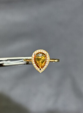 18k金天然老烧素面黄色蓝宝石戒指配钻石水滴糖蜂蜜古典复古女戒