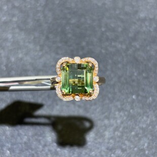 18k金天然巴西薄荷绿碧玺戒指配钻石方电光绿女戒洁净玻璃体无暇