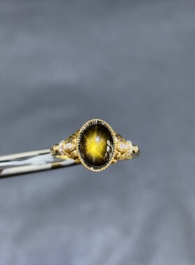 18k金天然星光蓝宝石戒指黄色铜皮六条星线配钻石复古豪华女戒