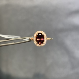 18k玫瑰金卢比莱碧玺戒指简约配钻石红碧玺女戒椭圆酒红色优雅