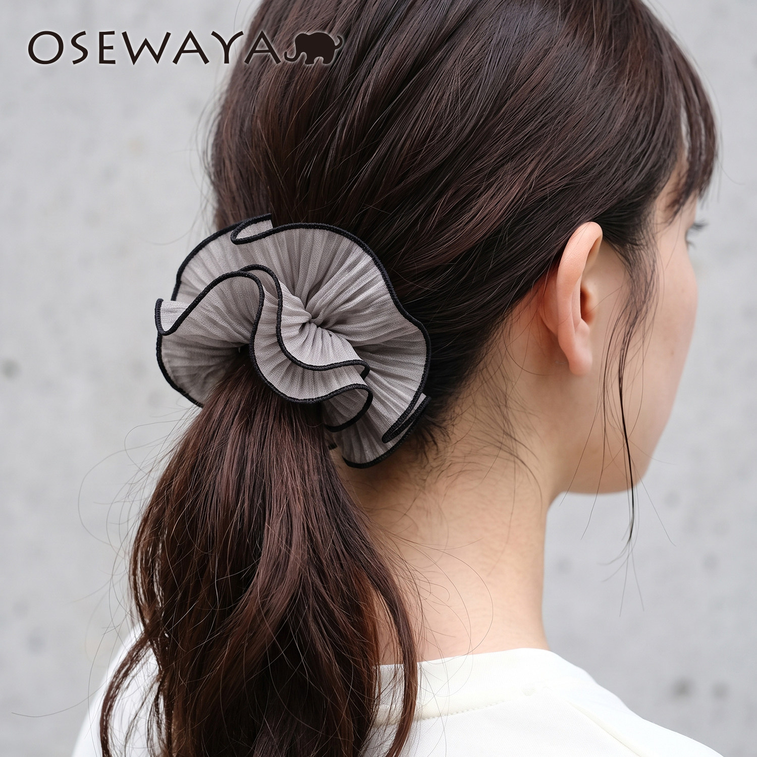 OSEWAYA褶皱网纱发扣女荷叶边撞色花边马尾盘发优雅气质通勤发饰