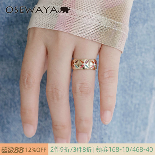 OSEWAYA复古彩色珐琅菱格宽戒指