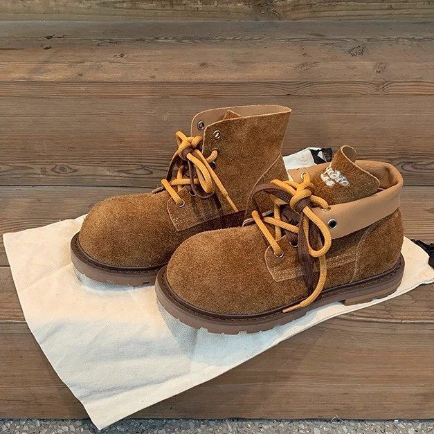 葡萄妈同款 4cm~时髦大圆头撞色双鞋带真皮短筒靴马丁靴女秋