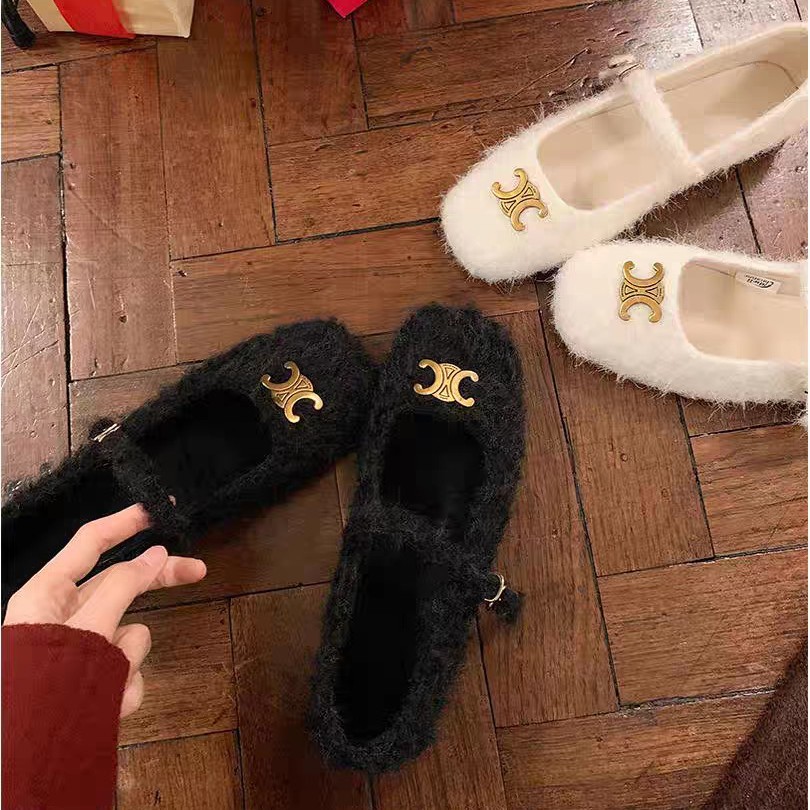 现货~苏茵茵同款加绒保暖凯旋门金扣低跟新款玛丽珍鞋女毛毛单鞋
