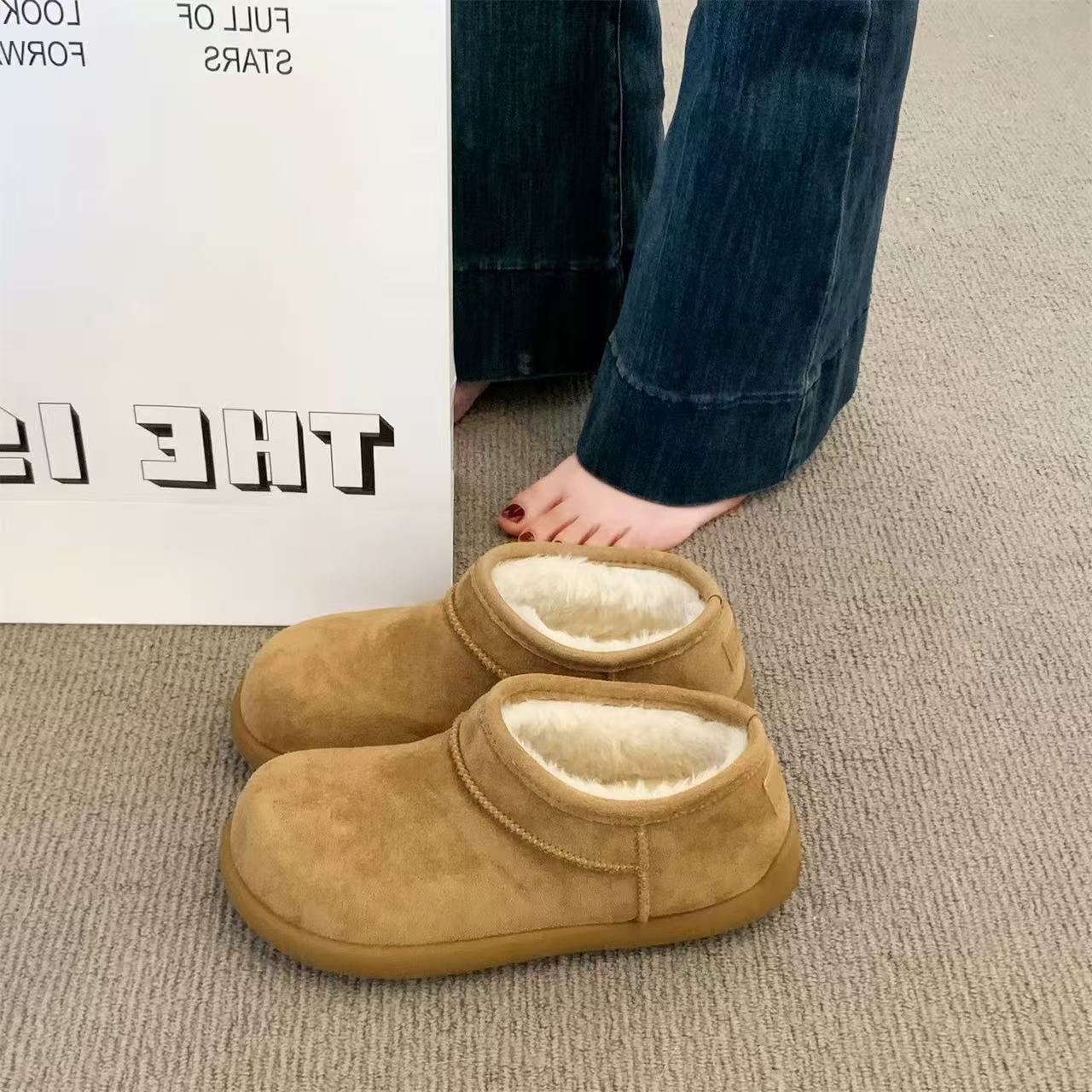 复古小土豆加绒勃肯鞋女2025冬季新款加厚一脚蹬保暖雪地靴棉鞋子